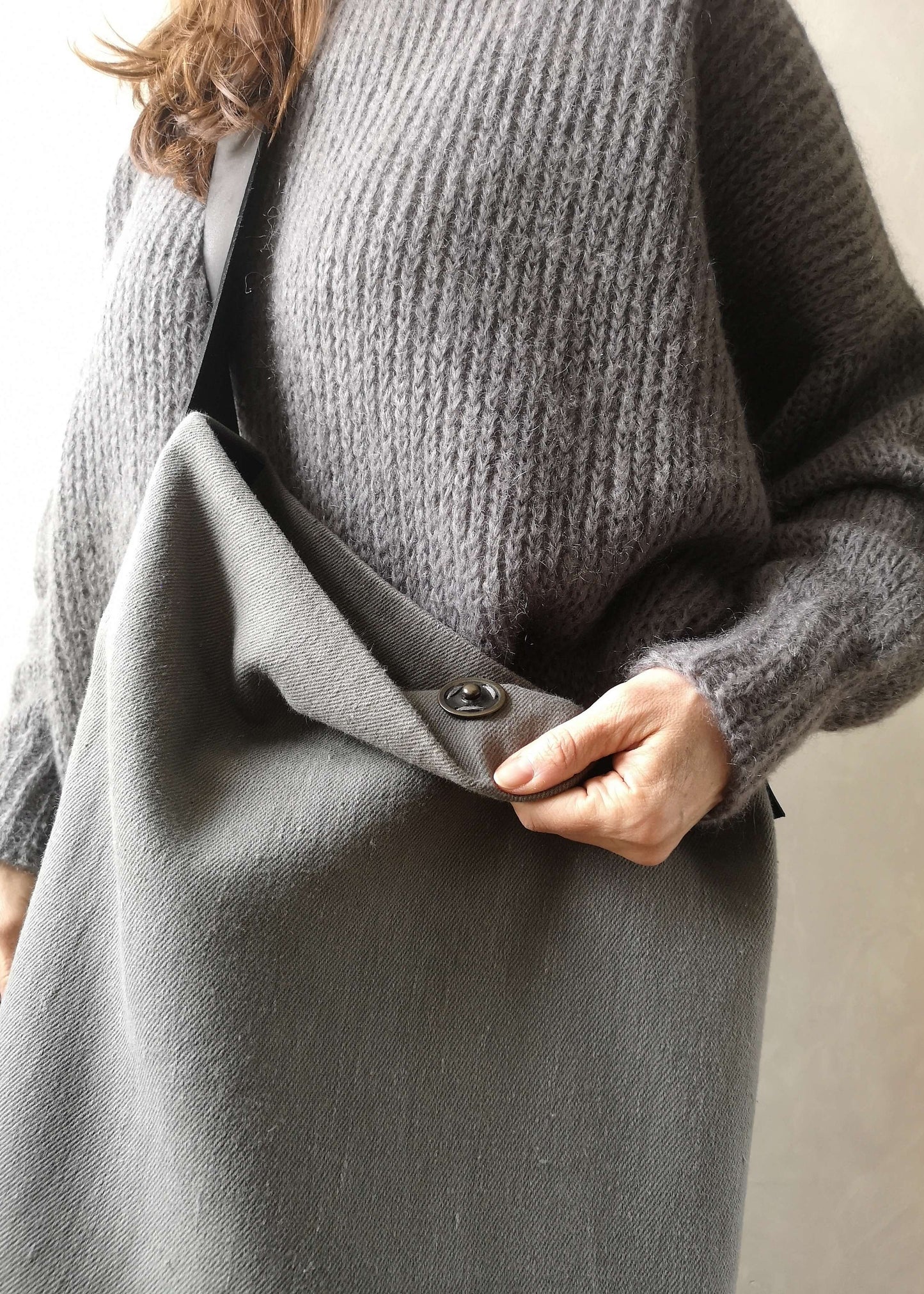 Linen Tote Bag with Leather Handle - grey with black