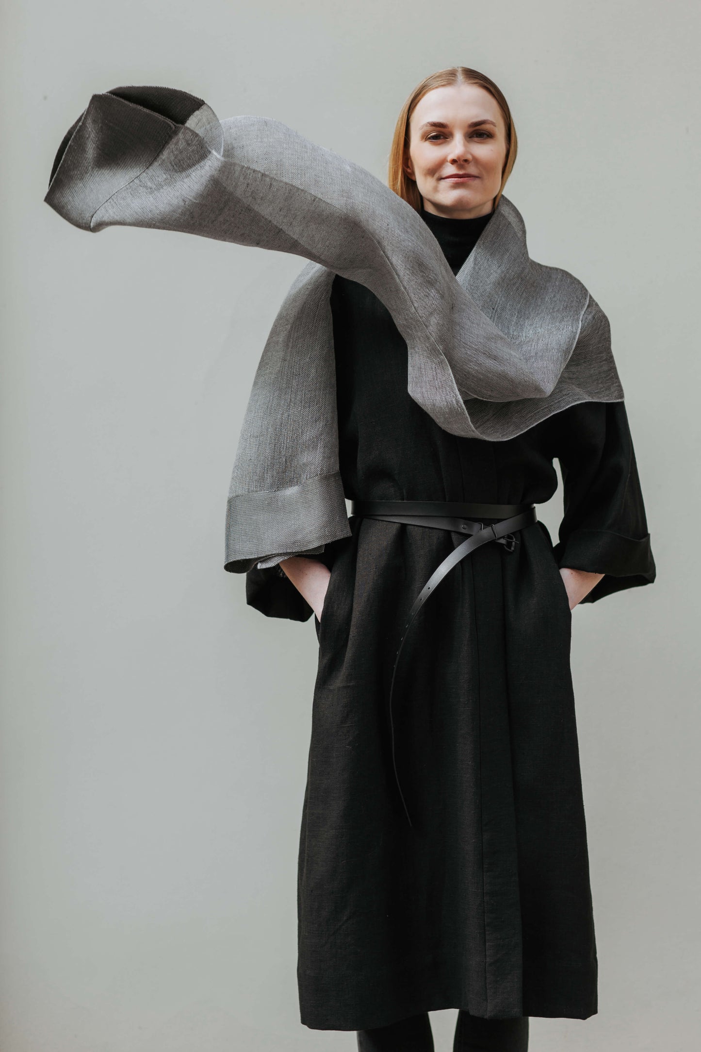 Linen and silk mix scarf OPERA - wide GREY