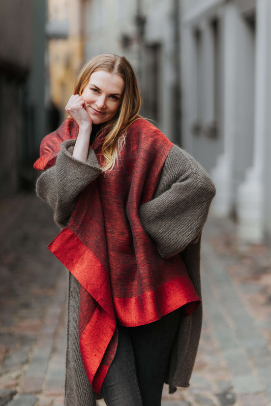 Linen and silk mix scarf OPERA - wide RED