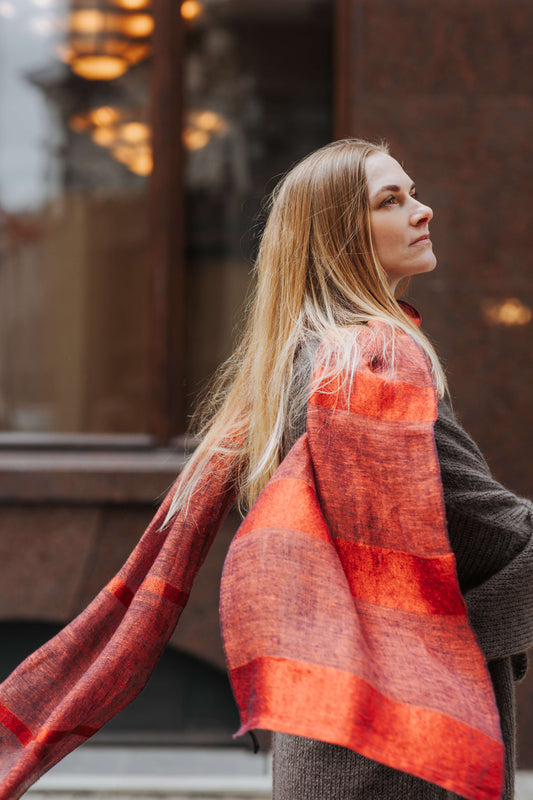 Linen and silk mix scarf OPERA - narrow RED warm