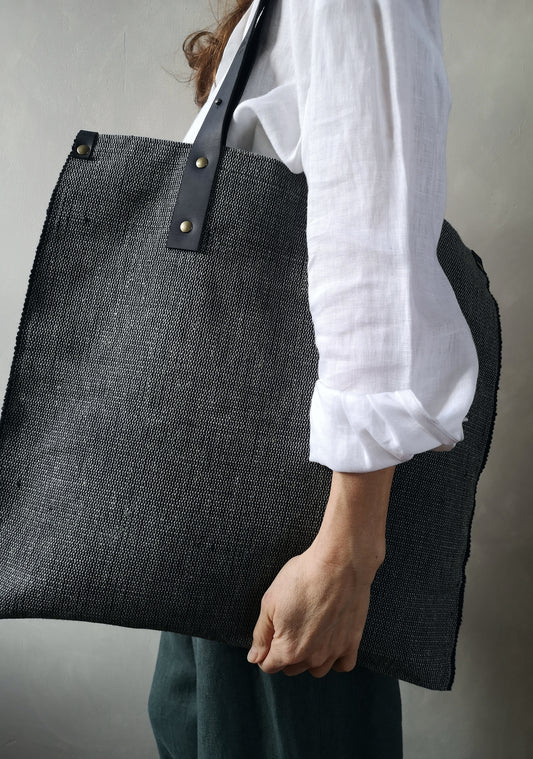 Hand woven  linen tote bag - black & green