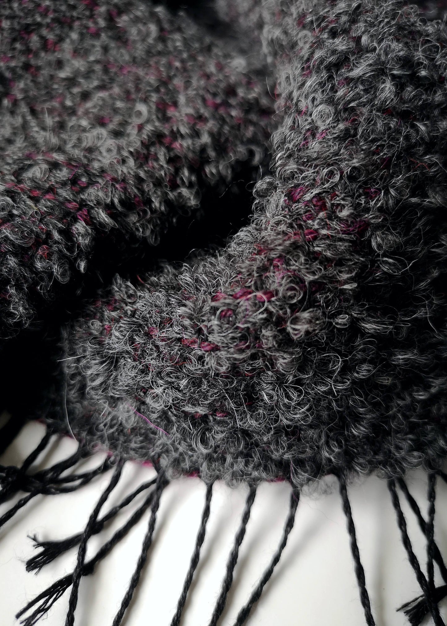 Linen & alpaca scarf RAXTI - grey boucle & burgundy red