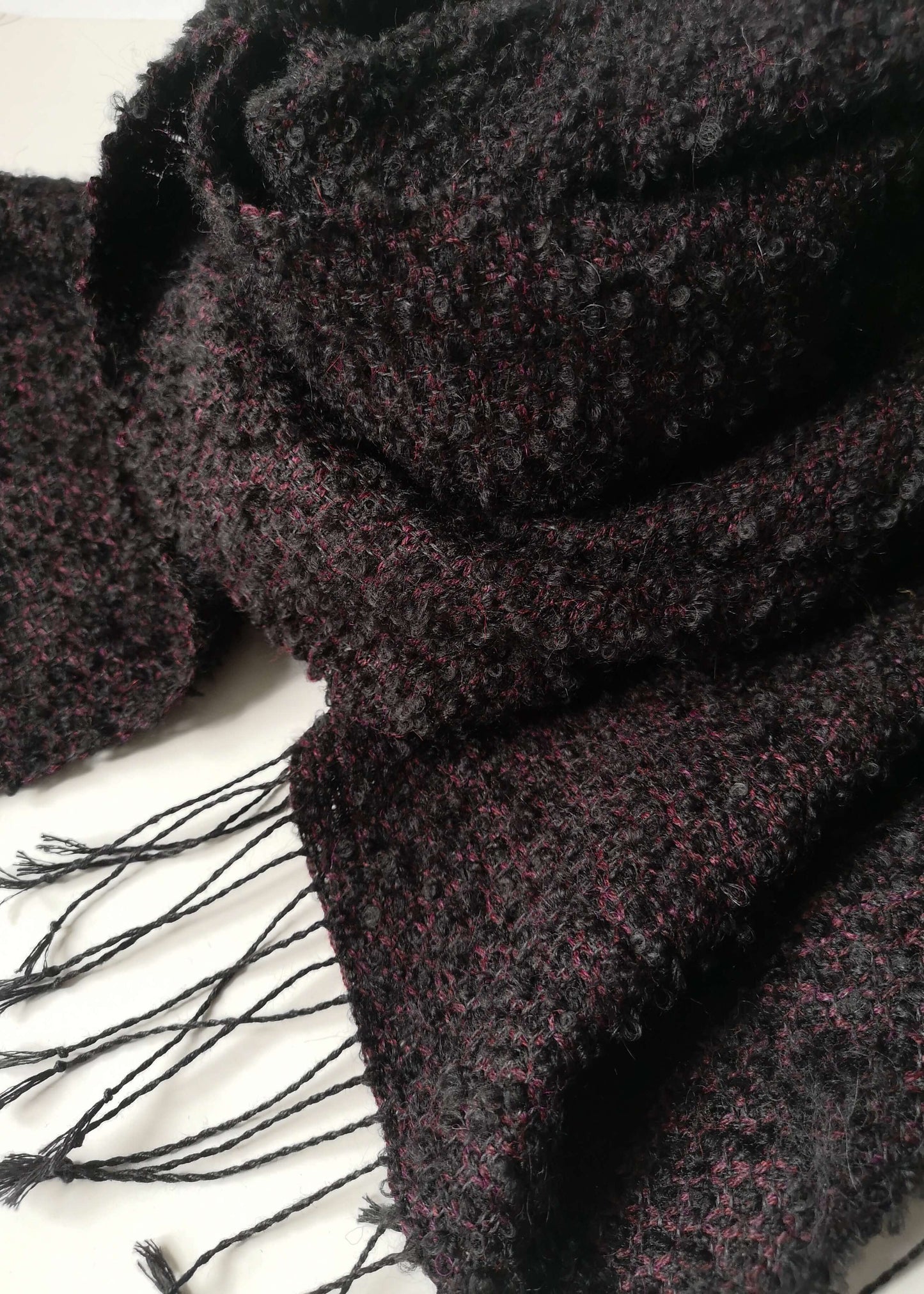Linen & alpaca scarf RAXTI - black boucle & burgundy red