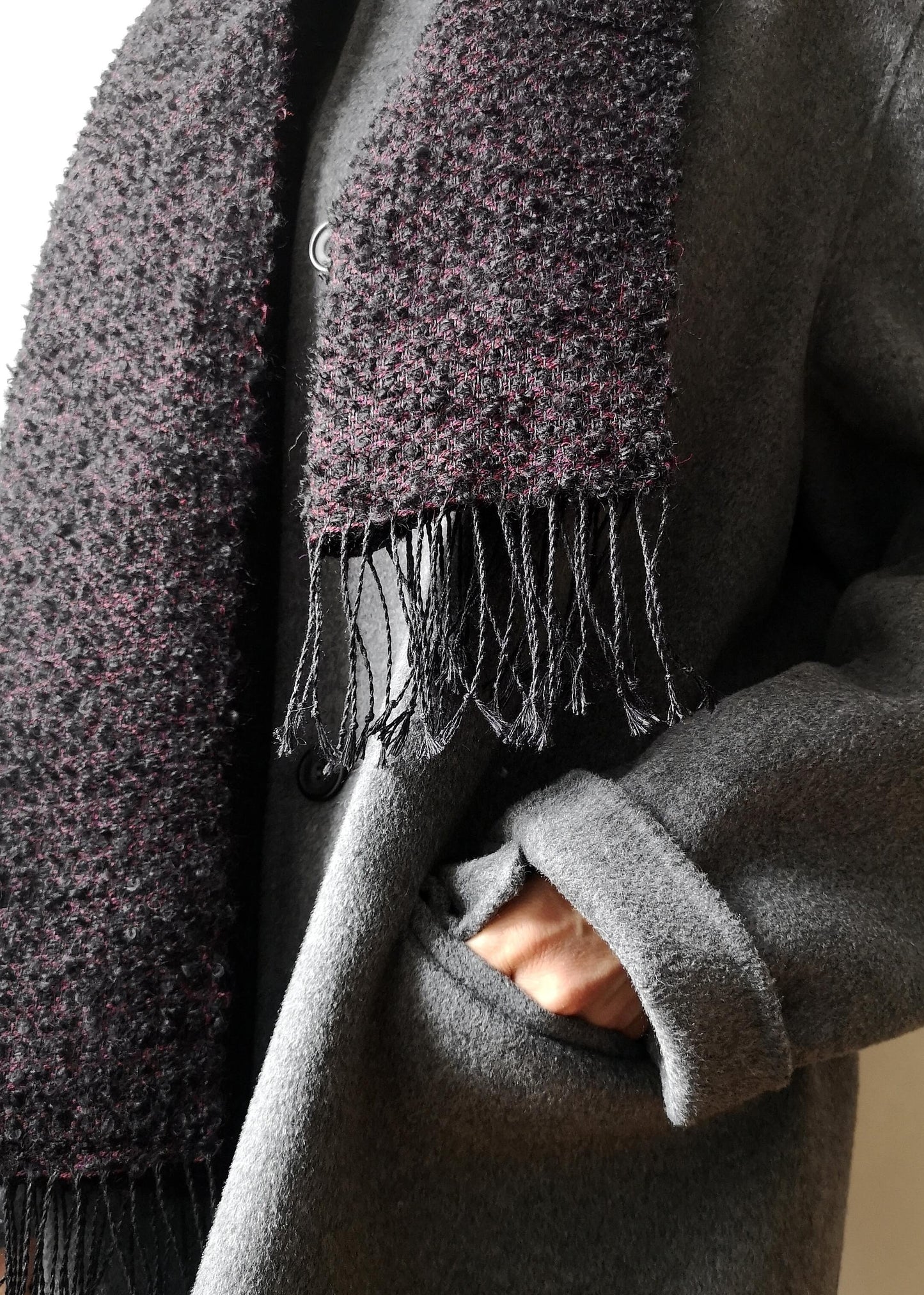 Linen & alpaca scarf RAXTI - black boucle & burgundy red