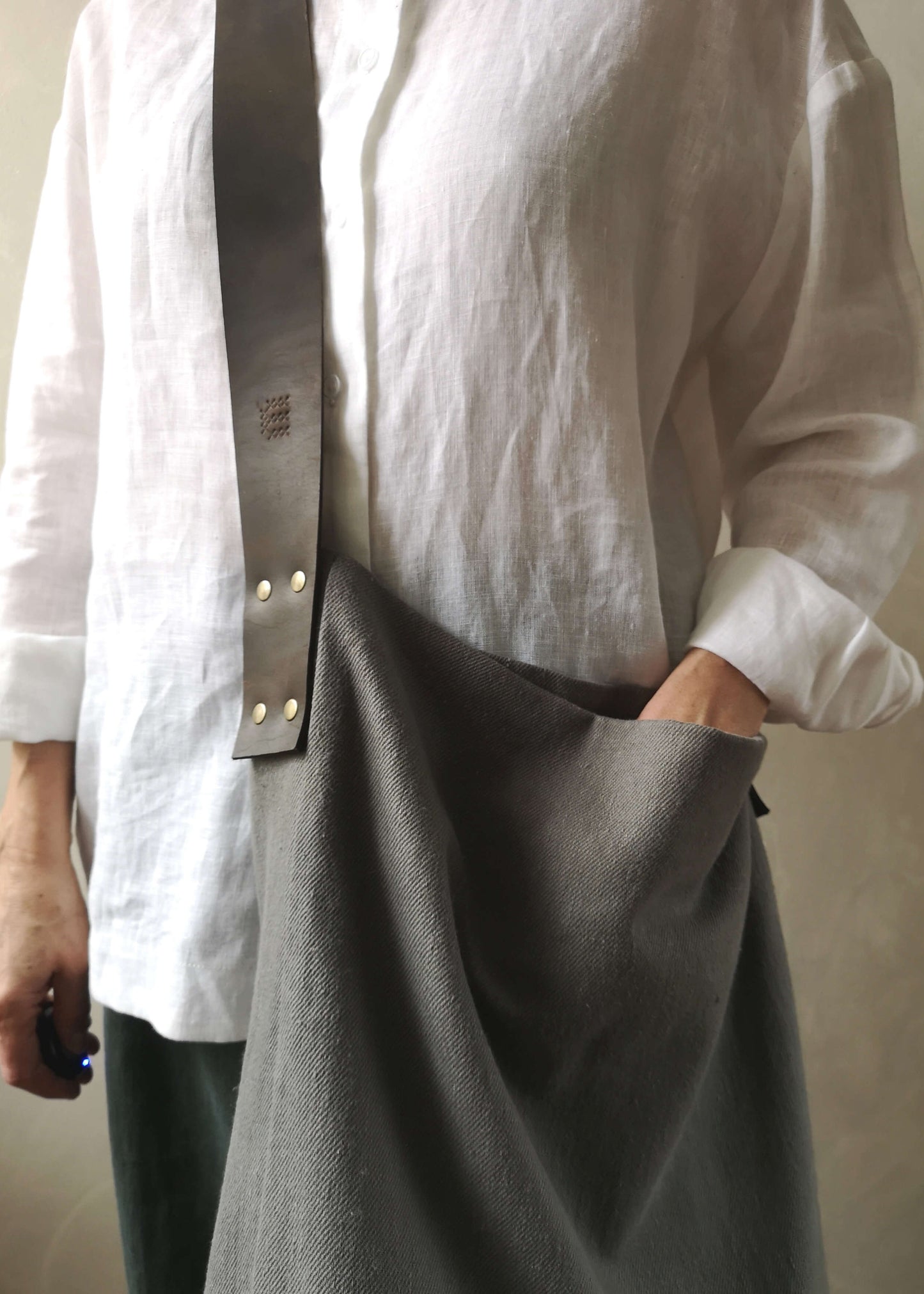 Linen Tote Bag with Leather Handle - grey with brown