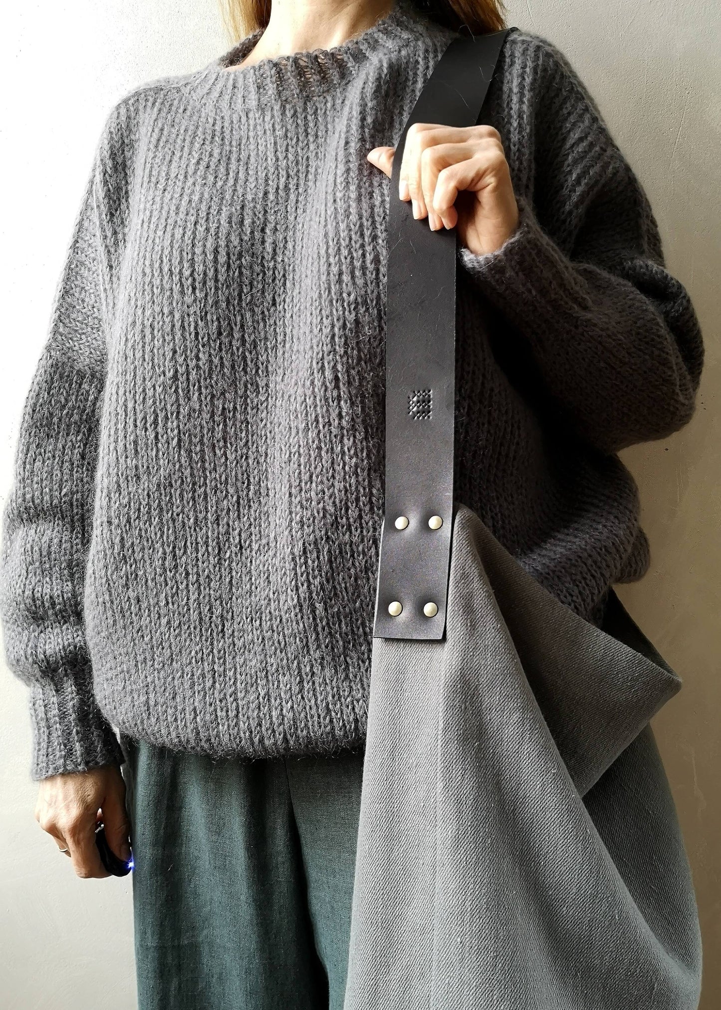 Linen Tote Bag with Leather Handle - grey with black