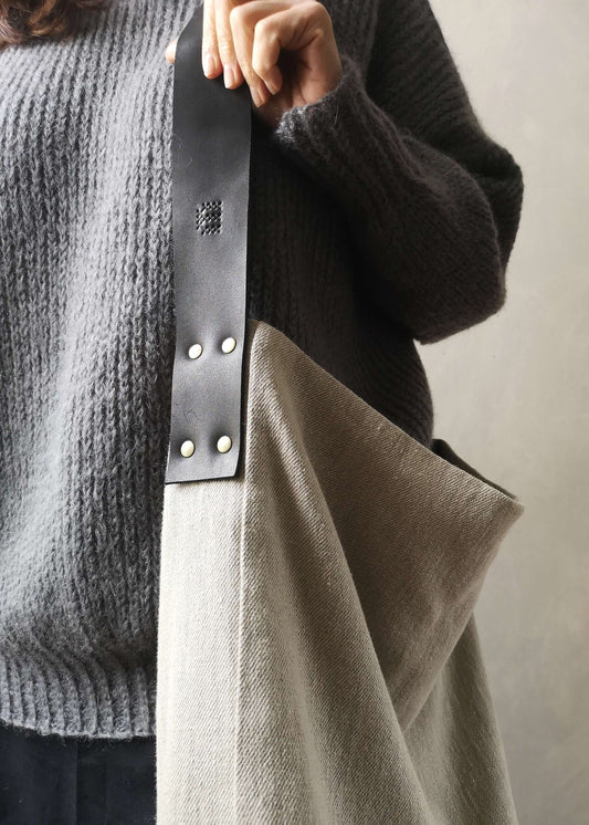 Linen Tote Bag with Leather Handle - natural with black