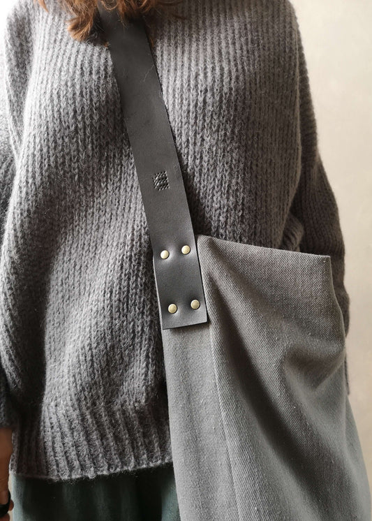 Linen Tote Bag with Leather Handle - grey with black