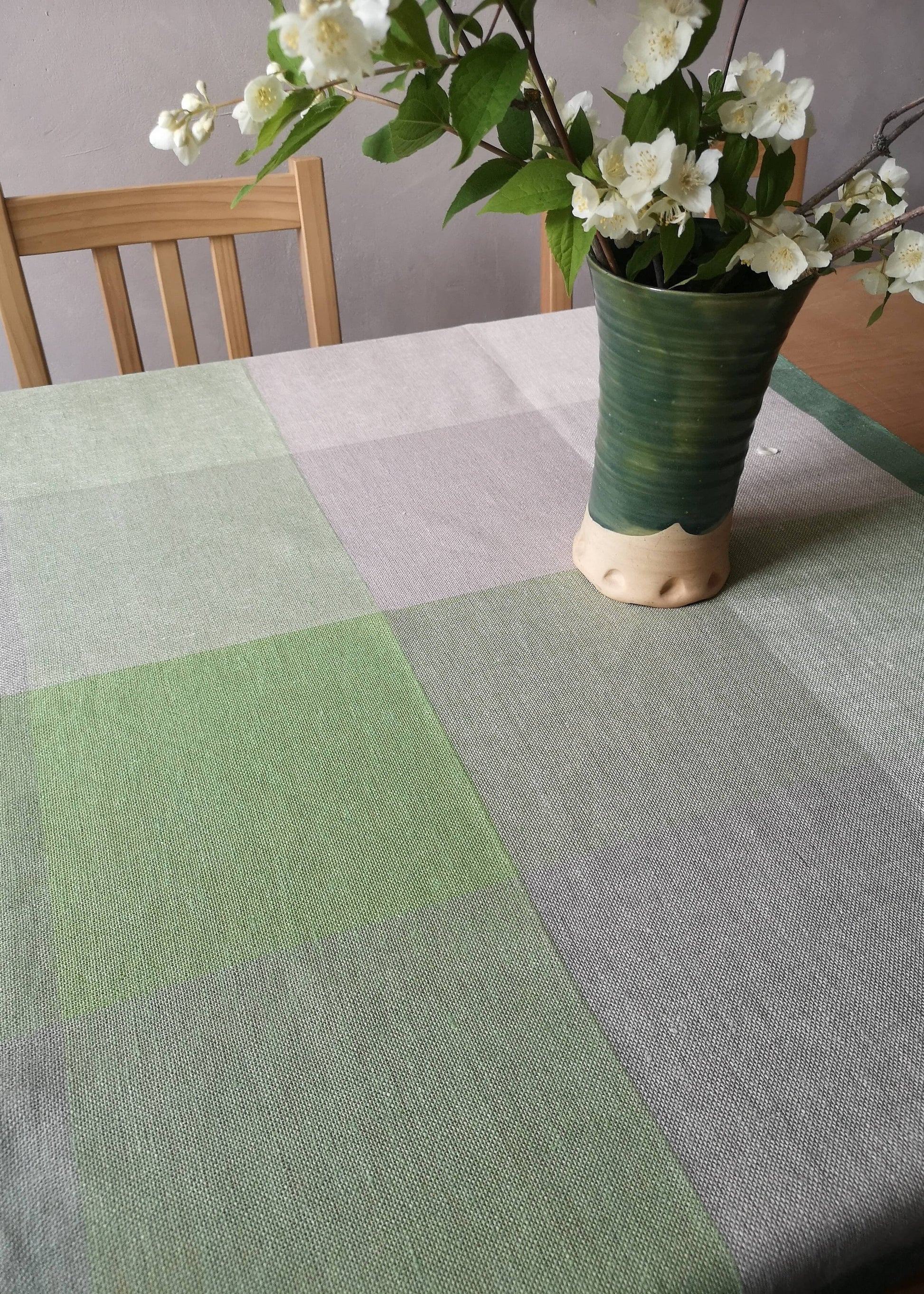 Tablecloth with green and gray checkered pattern,  hand woven linen 