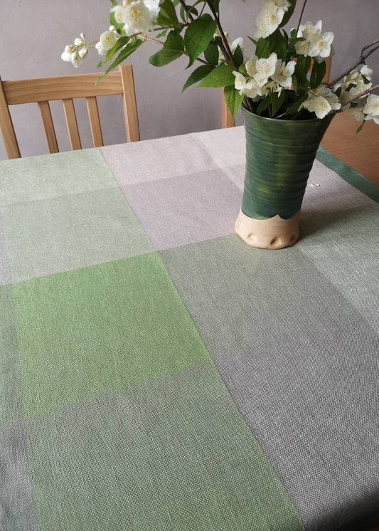 Tablecloth with green and gray checkered pattern,  hand woven linen 